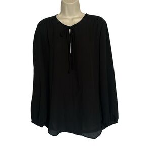 Joan Vass black sheer long sleeve top with tie at neck size L